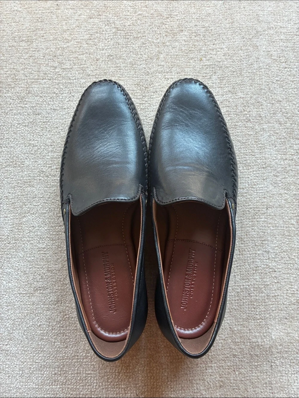Johnston & Murphy Black Leather Slip-On Loafers with Brown Insole